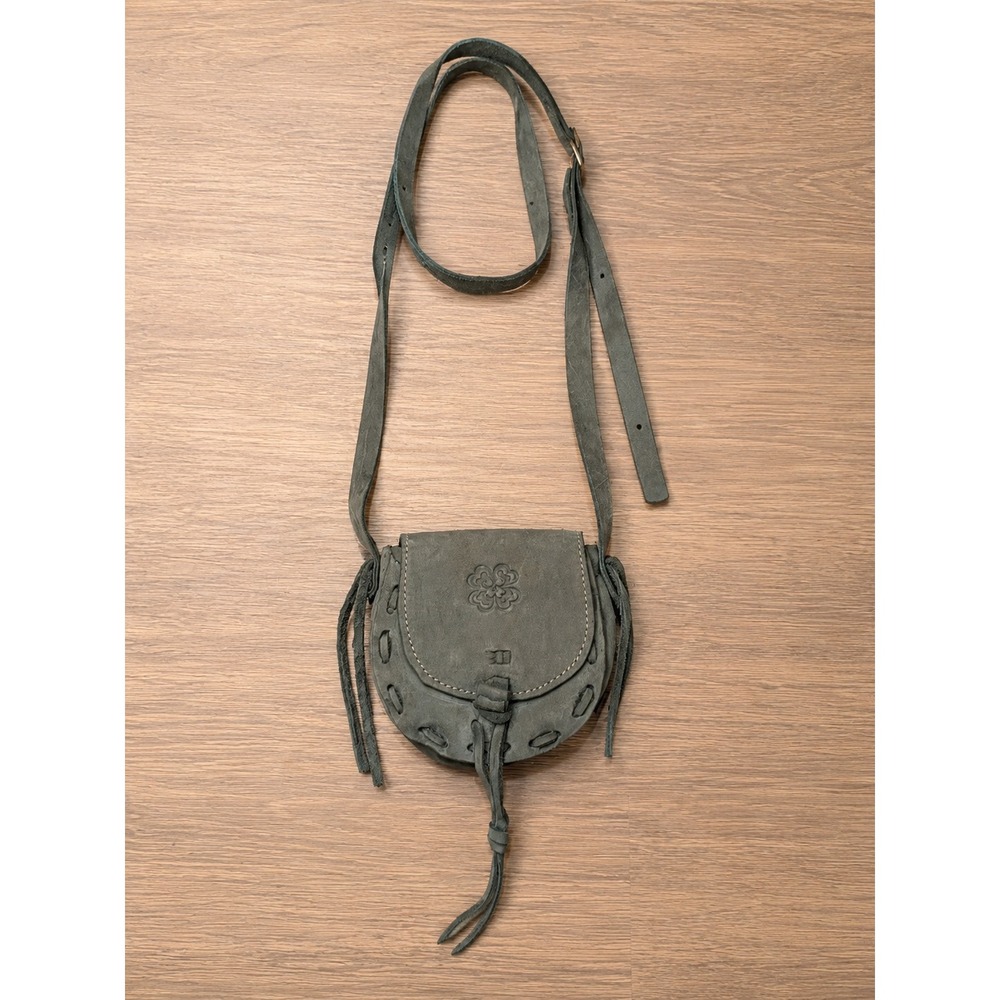 Handmade Boho Suede Leather Crossbody Purse Artisan Olive Green Floral Embossed